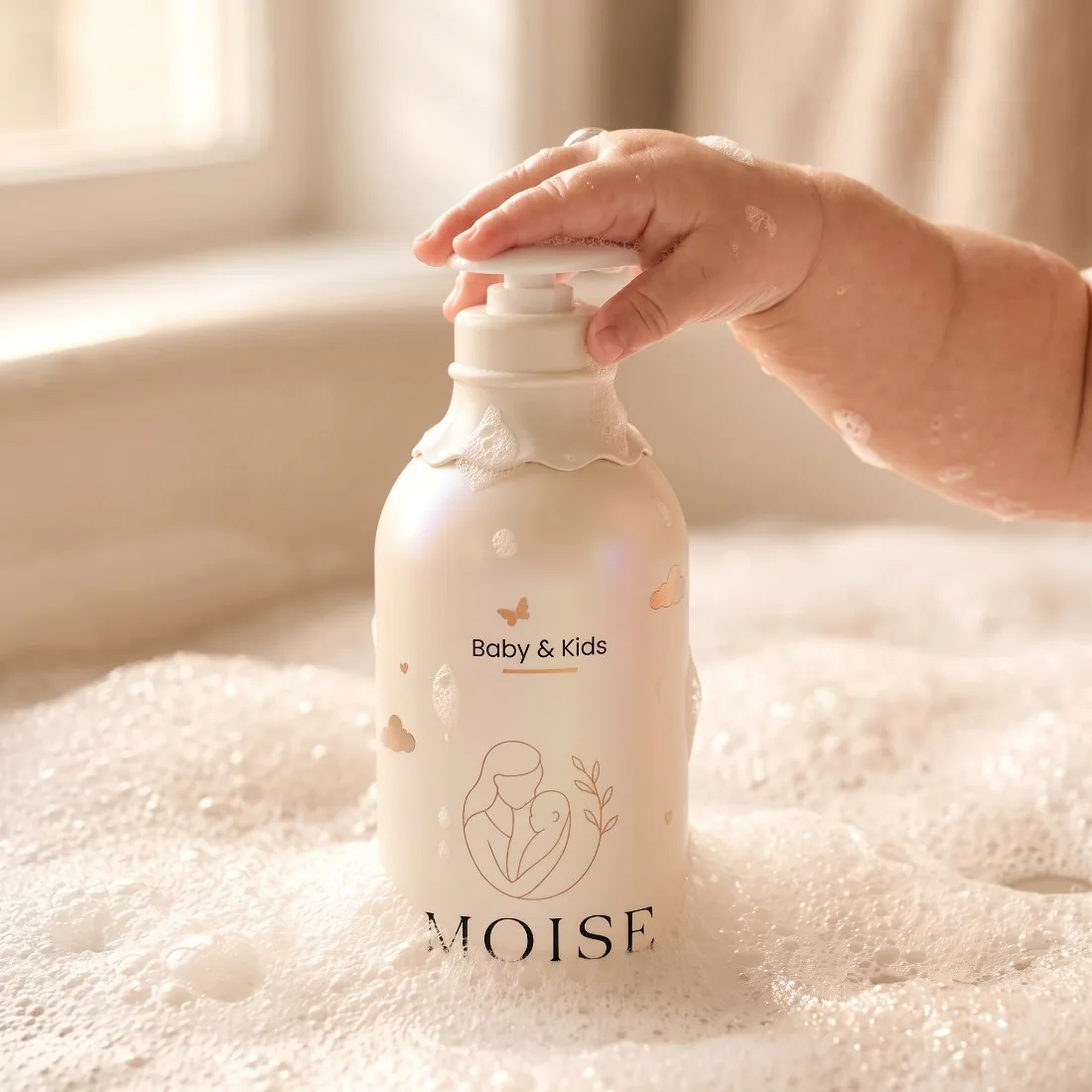 Babyhandje op de Moise 2-in-1 shampoo in het schuimbad